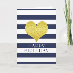 Carte Cute Gold Coeur Bleu Blancs Joyeux Anniversaire