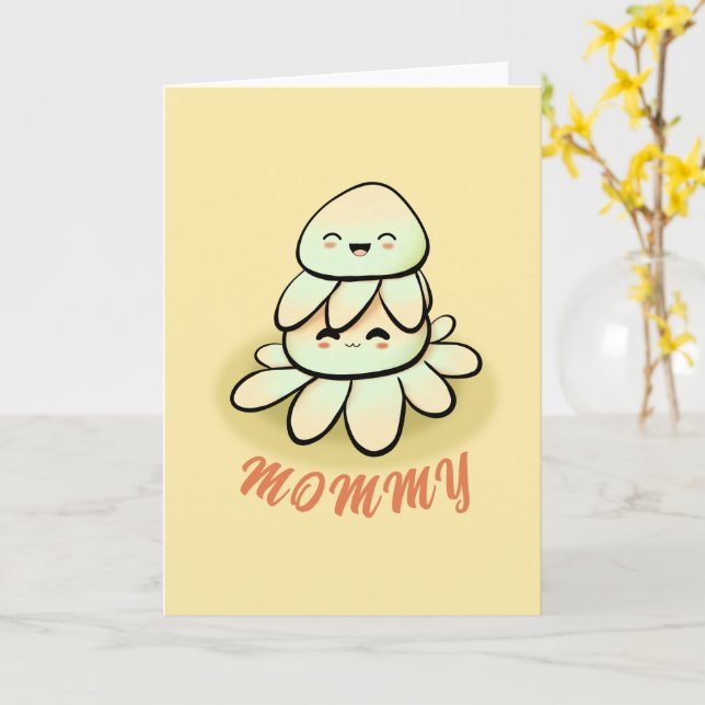 Carte cute green octopus mother Card (Fleur jaune)