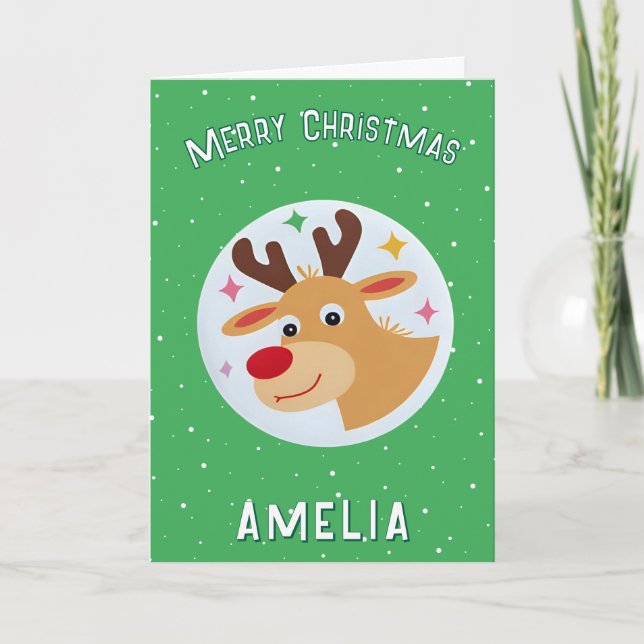 Carte Cute Green Reindeer Kid`s Name Merry Christmas (Devant)