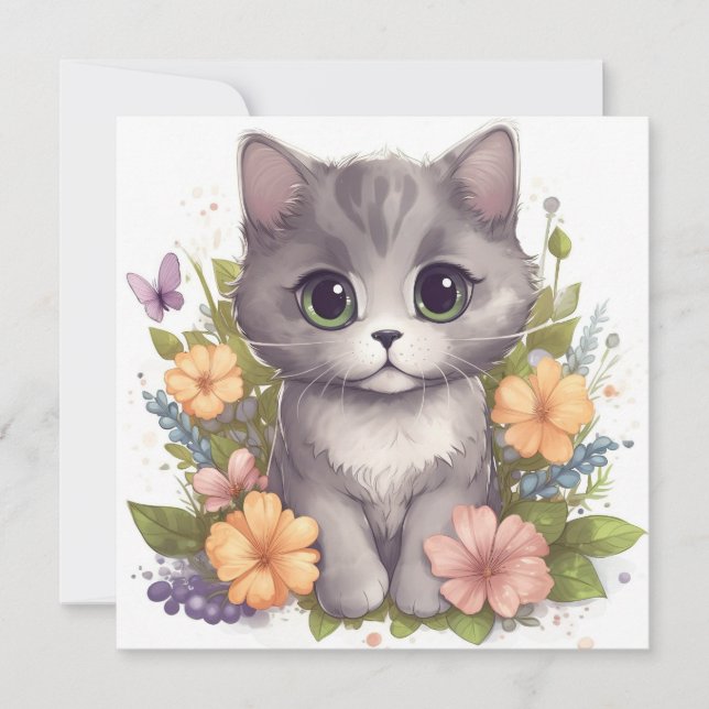 Carte Cute Grey Kitty avec Fleurs Kawaii Chibi (Devant)