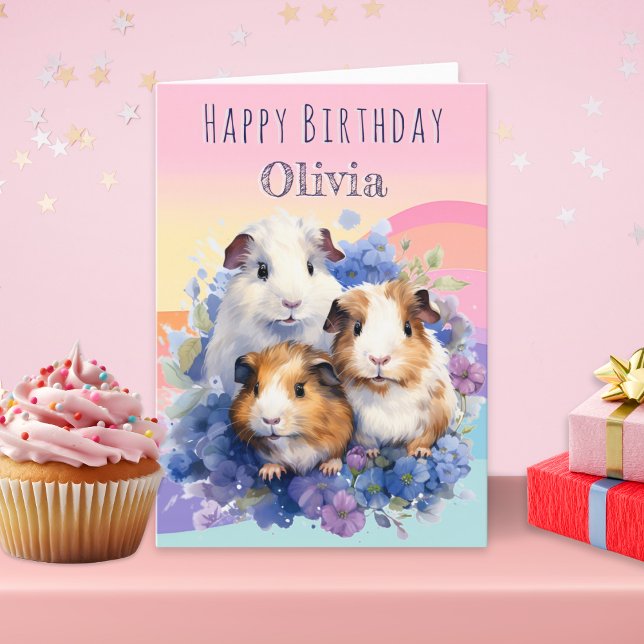 Carte Cute Guinea Pigs Joli Anniversaire Personnalisé (A personalized birthday card with an illustration of three adorable guinea pigs)