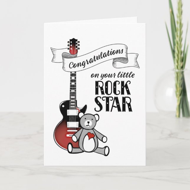 Carte Cute Guitare Teddy Rockstar Rock Roll Baby shower  (Devant)