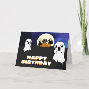 Carte Cute Halloween Anniversaire Fantôme Chat Noir