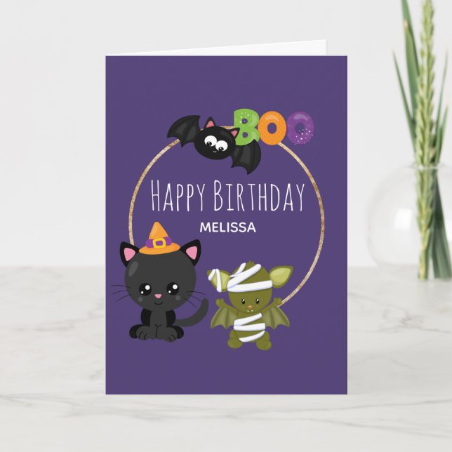 Carte Cute Halloween Chat, chauve-souris et maman Boo An (Devant)