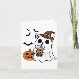 Carte Cute Halloween Chat En Costume Fantôme Boire Boba