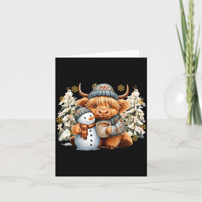 Carte Cute Highland Cow With Snowman Hot Cocoa Christmas (Devant)