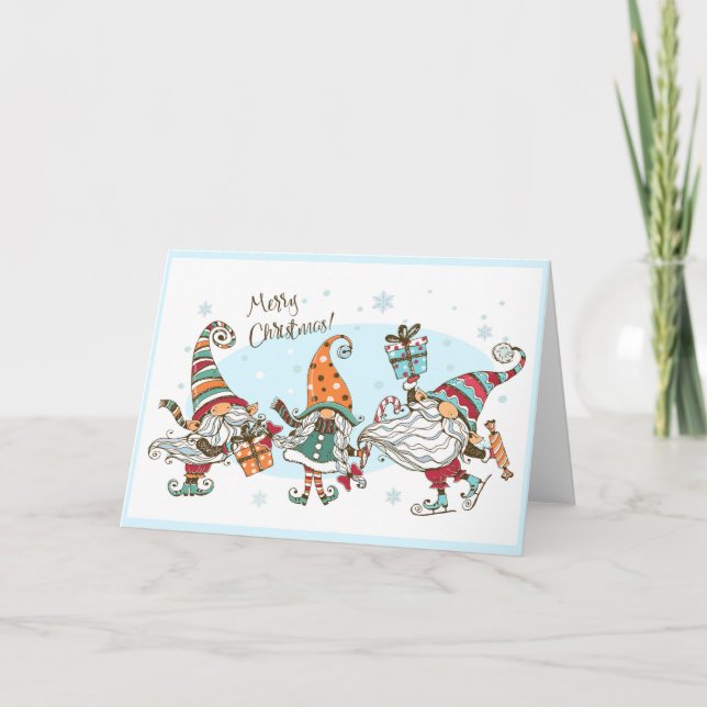 Carte Cute Joyeux Noël Elfes Gnomes Aquarelle Amusement  (Devant)