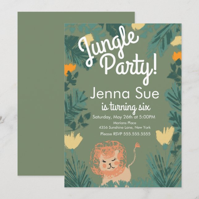 Carte Cute Jungle Lion Art Safari fête d'anniversaire (Devant / Derrière)