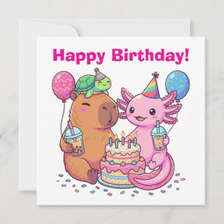 Carte Cute Kawaii Capybara and Axolotl Birthday Party