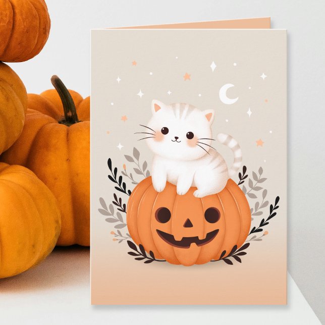 Carte Cute Kitten Assis Sur Le Citrouille Pastel Hallowe (Créateur téléchargé)