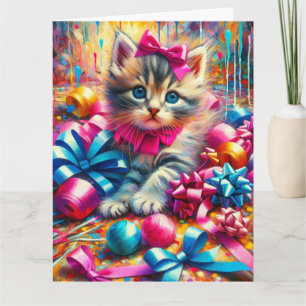 Carte Cute Kitten Jouer dans Bows Anniversaire Grand