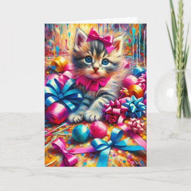 Carte Cute Kitten Jouer dans des vaches et des rubans d' (Devant)