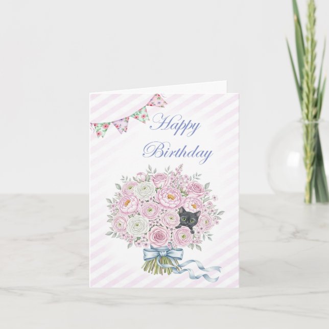 Carte Cute Kitten noir en Bouquet rose Joli anniversaire (Devant)