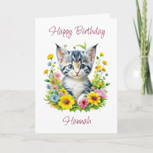 Carte Cute Kitten personnalisé en Fleurs Anniversaire