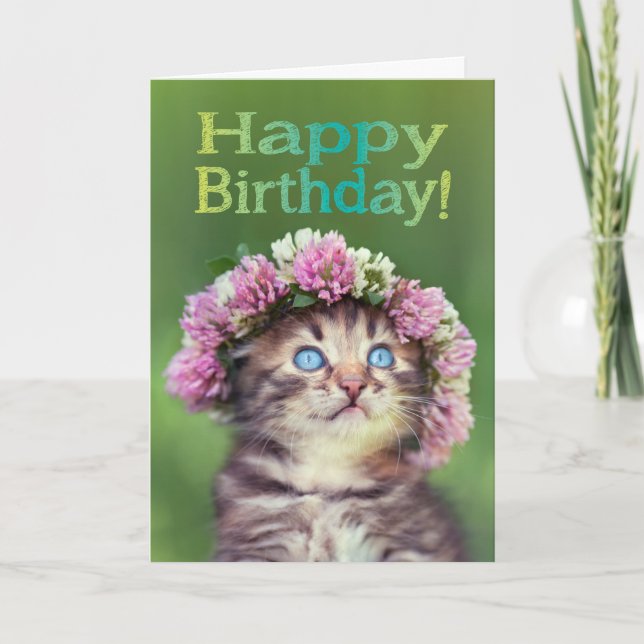 Carte Cute Kitten portant des fleurs sur sa tête Anniver (Devant)