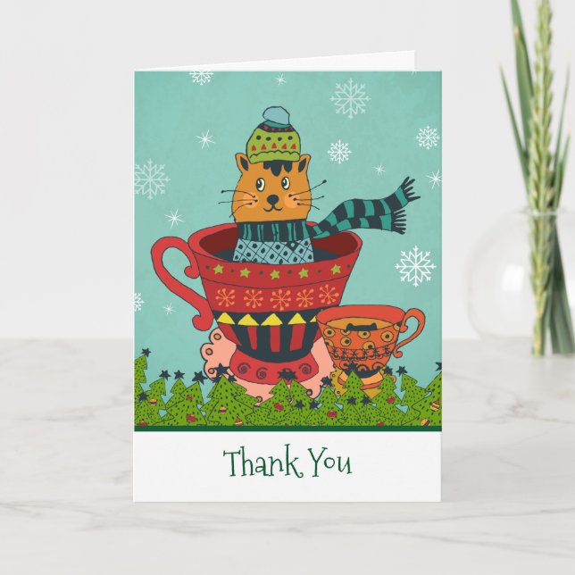 Carte Cute Kitty assis dans une tasse de thé Noël Merci (Devant)