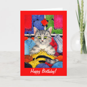 Carte Cute knitting cat birthday or any occasion card