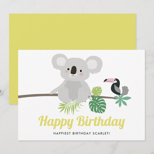 Carte Cute Koala et Toucan Tropical Joyeux anniversaire (Devant / Derrière)