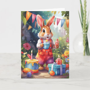 Carte Cute lapin avec gâteau, dans le jardin à la fête