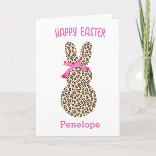 Carte Cute Leopard Bunny Pâques Bow rose (Devant)