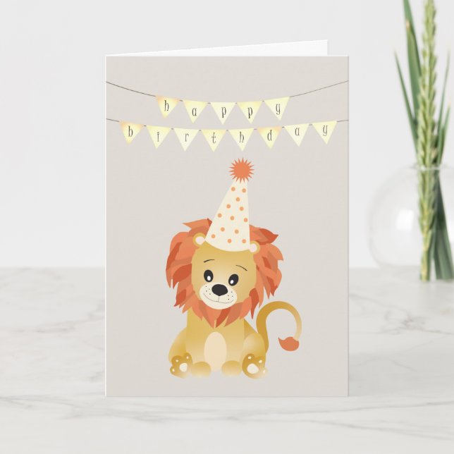Carte Cute Lion Portant Casquette de fête Anniversaire B (Devant)