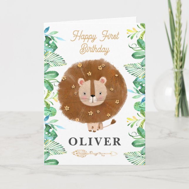 Carte Cute Lion Safari Heureux 1er anniversaire Salutati (Devant)