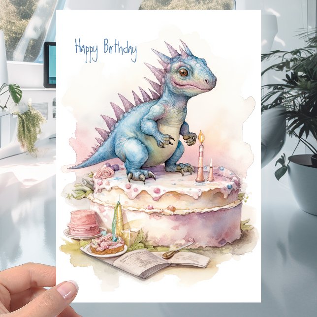 Carte Cute Little Dinosaur avec gâteau - Anniversaire de (Créateur téléchargé)