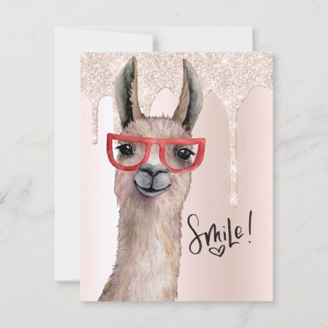 Carte Cute Llama Girly Rose Parties scintillant Penser D (Devant)