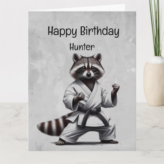 Carte Cute Martial Arts Raccoon Personnalisé Anniversair (Devant)