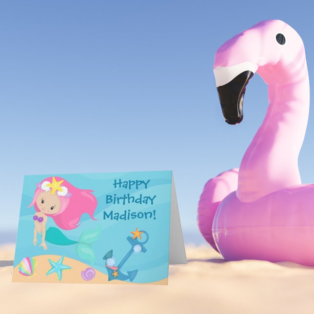 Carte Cute Mermaid Girl Custom Kids Beach Joyeux anniver (Créateur téléchargé)