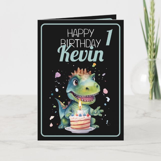 Carte Cute noir et vert Dinosaur Garçon 1er anniversaire (Devant)