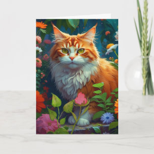 Carte Cute Orange Chat en Fleurs Penser à votre sujet
