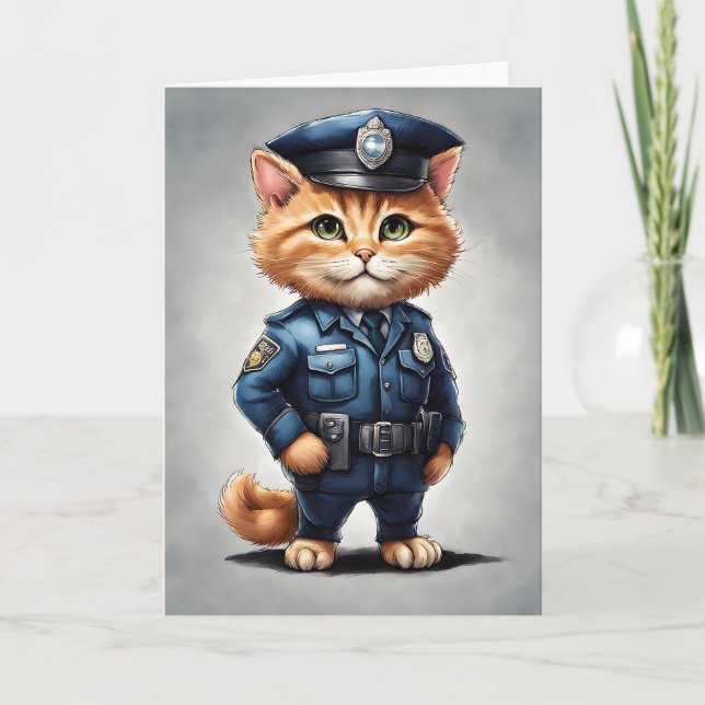 Carte Cute Orange Tabby Chat en Aquarelle Uniforme Polic (Devant)