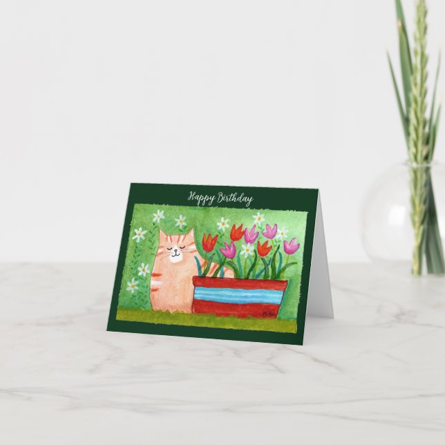 Carte Cute Orange Tabby Chat en Jardin Amoureux des chat (Devant)