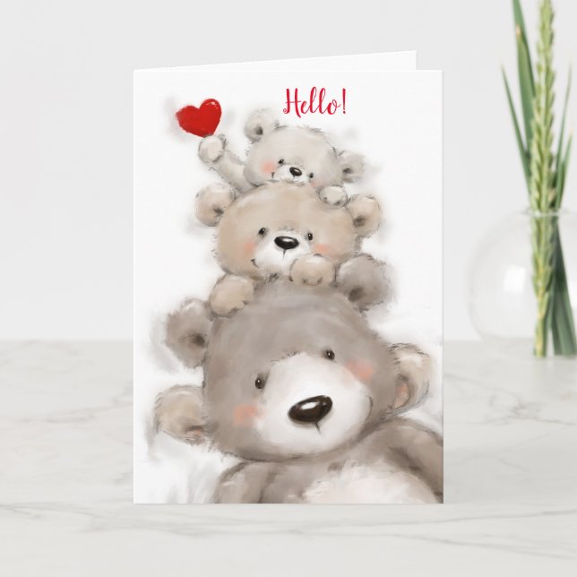Carte Cute ours famille disant : "Bonjour ! ". (Devant)