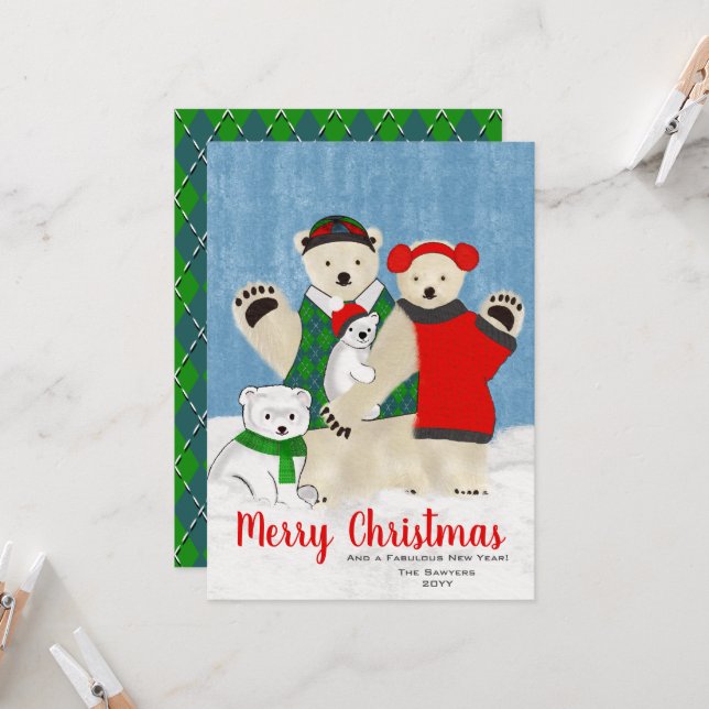 Carte Cute Ours Polaire Famille de quatre Joyeux Noël (Devant/Arrière en situation)