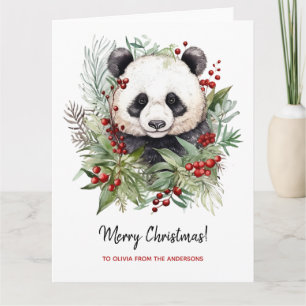 Carte Cute Panda Bear Botaniques rustiques de Noël