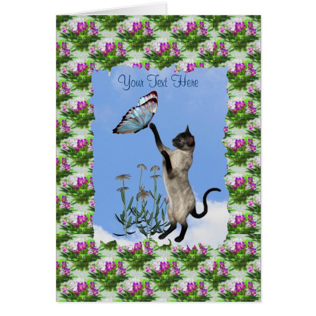 Carte Cute Papillon Bleu Chat Siamese (Devant)