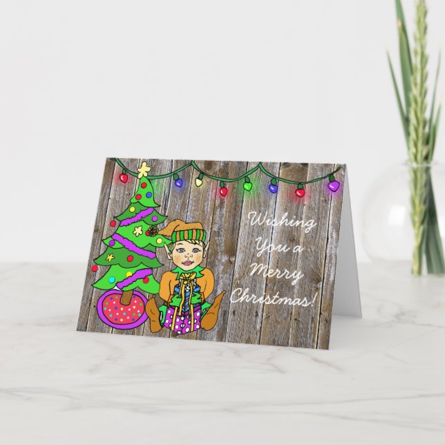 Carte Cute petit elfe et lumières de Noël Personnalisé (Devant)