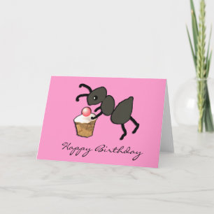 Carte Cute Pink Ant and Cupcake Birthday Card