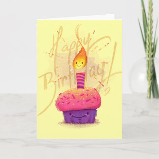 Carte Cute Pink Cupcake et Candle Cartoon Birthday Card