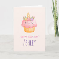 Cute Pink Cupcake Unicorn avec Rose Anniversaire