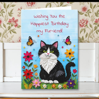 Carte Cute Pink Kitty Cat in Flowers Birthday