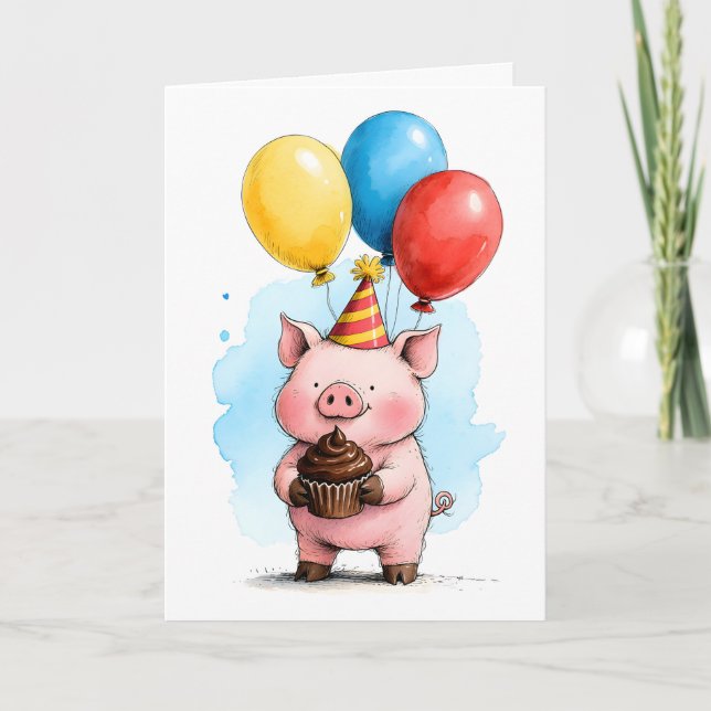 Carte Cute Pink Pig with Cupcake Kid's Happy Birthday (Devant)