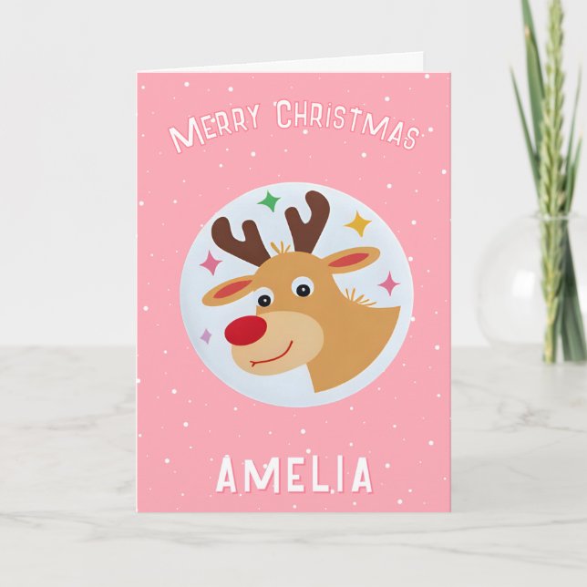 Carte Cute Pink Reindeer Kid`s Name Merry Christmas (Devant)