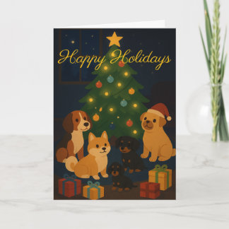 Carte Cute Pups around the Tree Custom Christmas Card