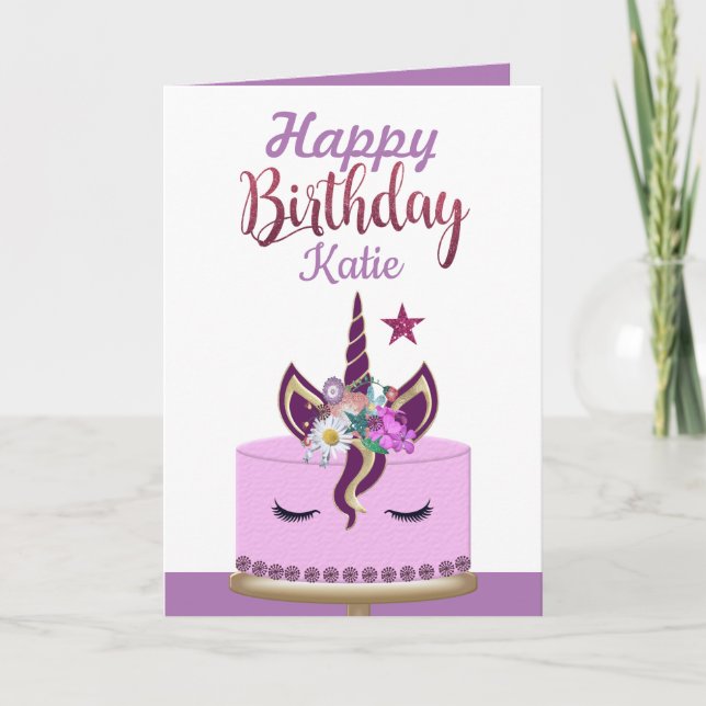 Carte Cute Purple Unicorn Personnalisé Anniversaire (Devant)