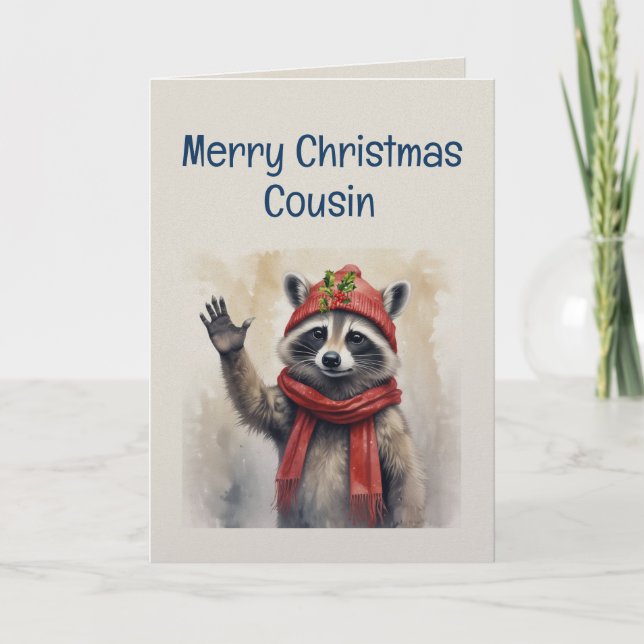 Carte Cute Raccoon Fun Animal Cousin Christmas (Devant)