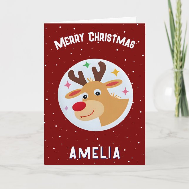 Carte Cute Red Reindeer Kid`s Name Merry Christmas (Devant)