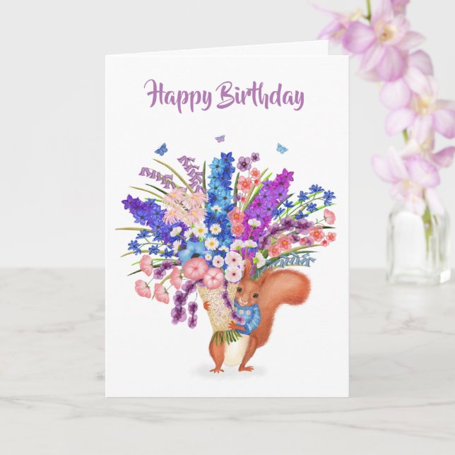 Carte Cute red squirrel with flowers birthday card (Orchidée)